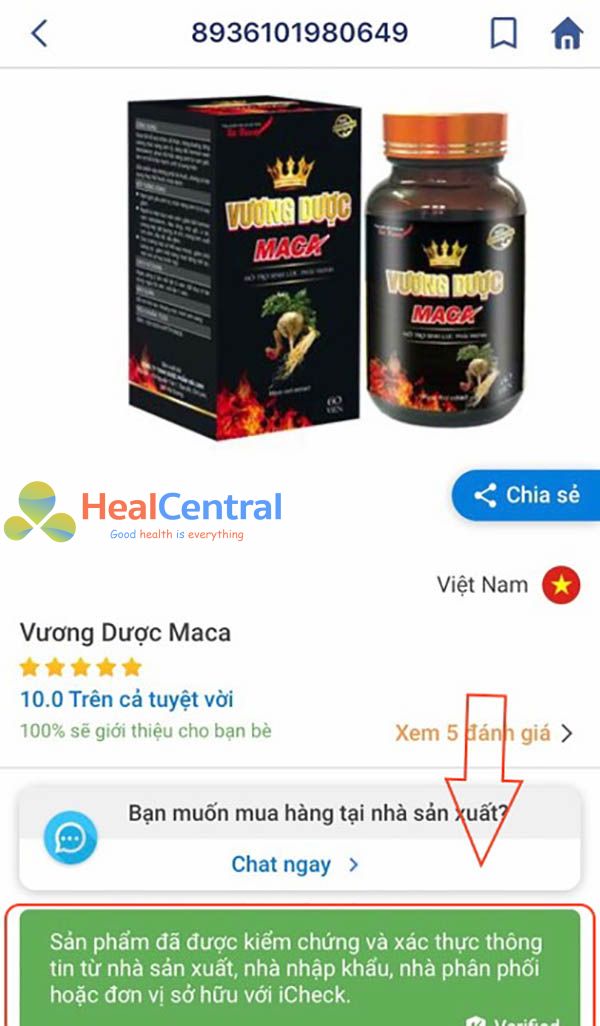 Check Vương Dược Maca bằng ứng dụng Icheck