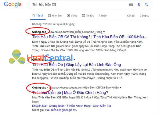 Có tới 3 quảng cáo Tinh hàu biển OB khi khách hàng seach google