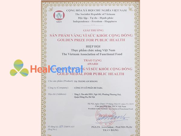 Dạ Tràng An Khang được hiệp hội thực phẩm chức năng Việt Nam trao tặng giải thưởng vì sức khỏe cộng đồng