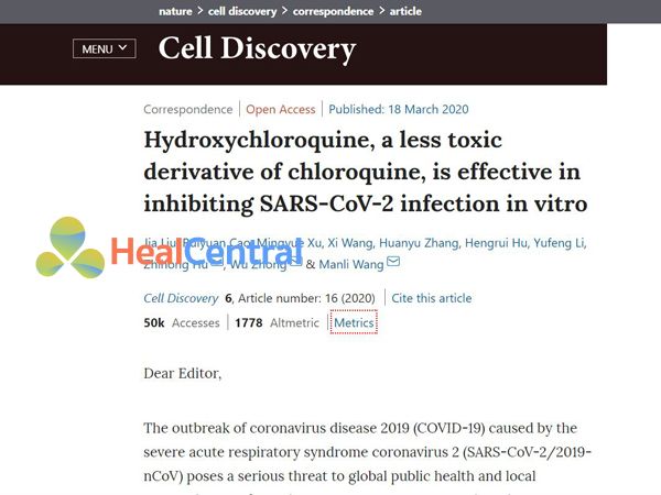 Nghiên cứu trên tạp chí Natural cho thấy tác dụng của Chloroquine trên virus SARS-CoV-2