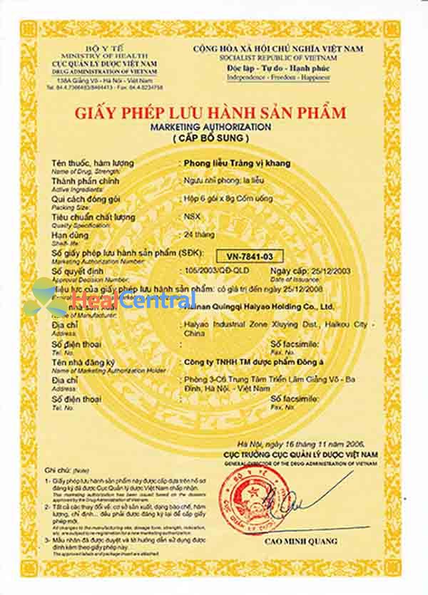 Giấy phép lưu hành Tràng Vị Khang