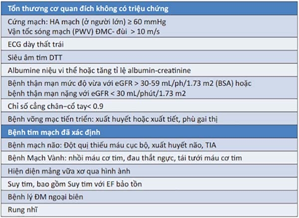Bảng 5. Các yếu tố ảnh hưởng đến nguy cơ tim mạch của bệnh nhân tăng huyết áp (tiếp), bao gồm các tổn thương cơ quan đích không triệu chứng và bệnh tim mạch đã được chẩn đoán xác định. HA: huyết áp, ĐMC: động mạch cảnh, ECG: điện tâm đồ, DTT: dày thất trái, eGFR: mức lọc cầu thận ước tính, BSA: diện tích bề mặt cơ thể, TIA: cơn thiếu máu não thoáng qua, EF: phân suất tống máu, ĐM: động mạch.