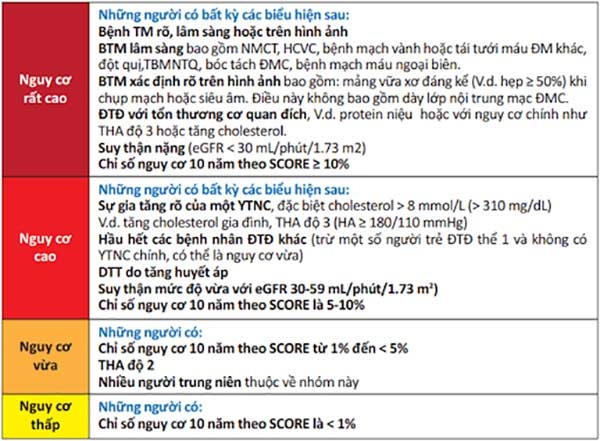 Bảng 7. Mức nguy cơ tim mạch 10 năm. BTM: bệnh tim mạch, NMCT: nhồi máu cơ tim, HCVC: hội chứng vành cấp, ĐM: động mạch, TBMNTQ: tai biến mạch não thoáng qua, ĐMC: động mạch chủ, ĐTĐ: đái tháo đường, THA: tăng huyết áp, YTNC: yếu tố nguy cơ, DTT: dày thất trái.
