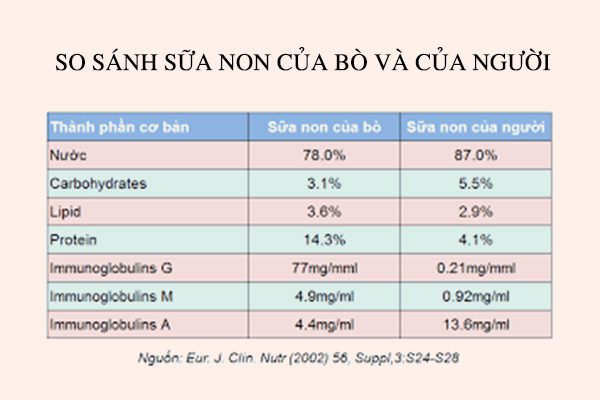 Thành phần của sữa non bò và sữa non người