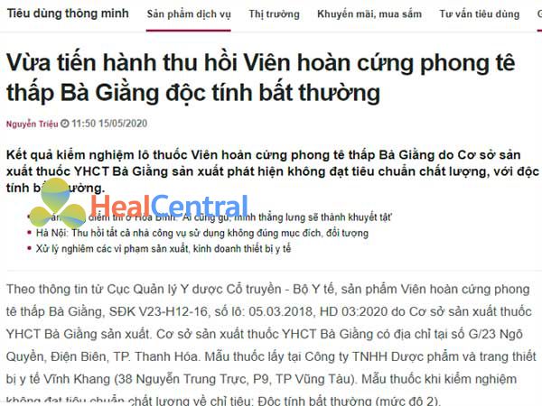 Báo chí nói về Phong Tê Thấp Bà Giằng bị thu hồi