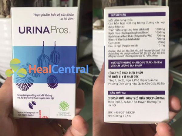 Mặt trước và sau hộp Urina Pros