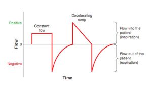 Hình 2.5 Dạng sóng lưu lượng hằng định và giảm tốc. Lưu lượng được vẽ trên trục dọc (y) và thời gian được vẽ trên trục ngang (x). Lưu lượng đi vào bệnh nhân (hít vào) được biểu thị là lưu lượng dương (phía trên trục hoành), trong khi lưu lượng ra khỏi bệnh nhân (thở ra) được biểu thị là lưu lượng âm (phía dưới trục hoành).