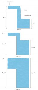 Hình 7.4 Hiệu ứng thác nước. Việc tăng mức nước của dòng sông hạ lưu sẽ không ảnh hưởng đến mức nước của dòng sông thượng nguồn miễn là mức nước của dòng sông hạ lưu thấp hơn mức nước của dòng sông thượng nguồn. Mức nước của dòng sông hạ lưu tương tự như áp lực đường thở gần, và mức độ của dòng sông thượng nguồn tương tự như áp lực phế nang. Trong ví dụ này, nếu áp lực phế nang là 15 cm H2O và áp lực đường thở gần là 5 cm H2O (a), tăng áp lực đường thở gần đến 10 cm H2O sẽ không ảnh hưởng đến áp lực phế nang (b). Tuy nhiên, tăng áp lực đường thở gần đến 20 cm H2O sẽ làm tăng áp lực phế nang lên 20 cm H2O (c).