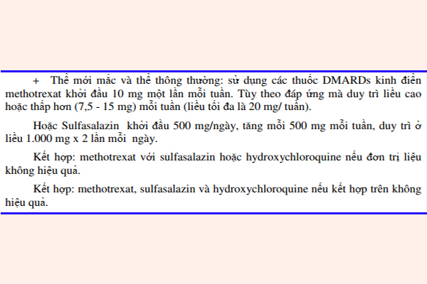 Ảnh. Điều trị cơ bản viêm khớp dạng thấp thể mới mắc và thể thông thường bằng các DMARDs cổ điển.