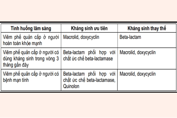 Bảng: Lựa chọn kháng sinh điều trị kinh nghiệm trong viêm phế quản cấp do vi khuẩn.