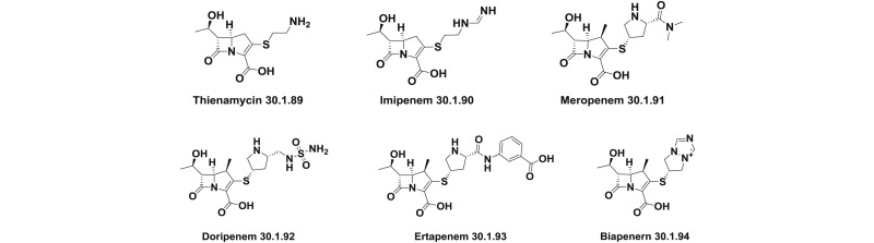 Ảnh. Cấu trúc hóa học của Thienamycin và một số Carbapenem khác. Imipenem, Meropenem, Doripenem và Ertapenem được dụng phổ biến trên toàn thế giới, còn Biapenem và Panipenem (được nói ở trên) chỉ được phê duyệt tại Nhật Bản.