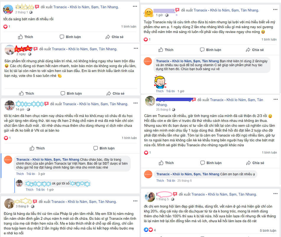Bình luận của khách hàng trên fanpage của nhãn hàng sau khi sử dụng kem trị nám của Pháp Tranacix