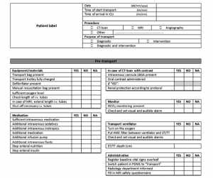 Hình 1 Danh sách kiểm tra mới phát triển bởi Trung tâm y tế Đại học Leiden (LUMC), mặt trước. Viết tắc: i.v., tiêm tĩnh mạch; MRI, chụp cộng hưởng từ; EtCO2, CO2 cuối thì thở ra; HME, trao đổi nhiệt và độ ẩm; ET/TT, ống nội khí quản/ống mở khí quản; PDMS, Hệ thống quản lý dữ liệu bệnh nhân.