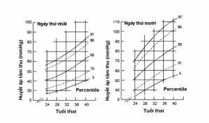 Hình 12: Huyết áp tâm thu phụ thuộc vào tuổi thai của trẻ. Bên trái là huyết áp tâm thu đo vào ngày thứ nhất sau sinh (4 đến 24 giờ). Bên phải là huyết áp tâm thu vào ngày thứ 10 sau sinh.