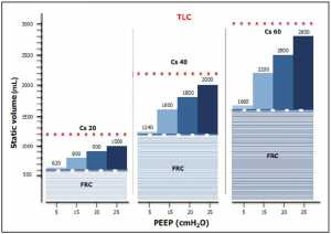 Hình 3 Là giá trị đại diện, chúng tôi giả định FRC là 600, 1.200 và 1.600 mL và độ giãn nở tĩnh của hệ thống hô hấp 20, 40 và 60 mL/cmH2O đối với ARDS nặng, vừa và nhẹ tương ứng. Ở mỗi cấp PEEP (5, 15, 20 và 25 cmH2O), thể tích do PEEP được tính là sự độ giãn nở nhân với PEEP. Như được hiển thị, tổng chiều cao của mỗi thanh (tức là, thể tích FRC cộng với PEEP) đại diện cho điểm bắt đầu mà thể tích khí lưu thông được thêm vào. Điều này nhấn mạnh như thế nào, khi thể tích khí lưu thông được thêm vào thể tích PEEP, nó trở nên cực kỳ dễ dàng để vượt qua các giới hạn TLC, tại đó ma trận ngoại bào có nguy cơ gãy vi mô hoặc vỡ. Xem thêm Protti et al. (36). PEEP, áp lực dương cuối thì thở ra; ARDS, hội chứng suy hô hấp cấp tính; TLC, tổng dung tích phổi.