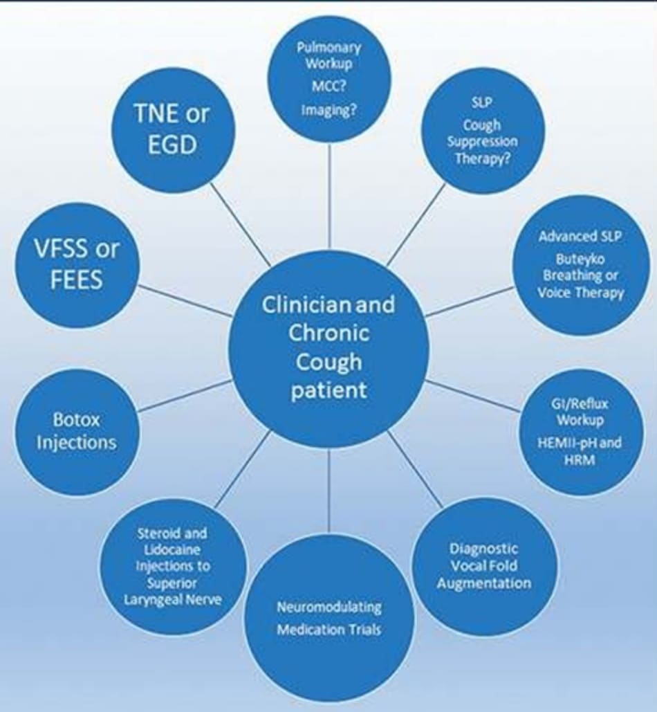 Figure 9–2. the refractory chronic cough wheel. with the patient and quaternary clinician at the center, clinical judgment and patient history guide which spokes of the wheel deserve exploration. the patient is sent “out” the spokes to another specialist, diagnostic, or treatment option then returns “in” for reassessment and further consideration if necessary.