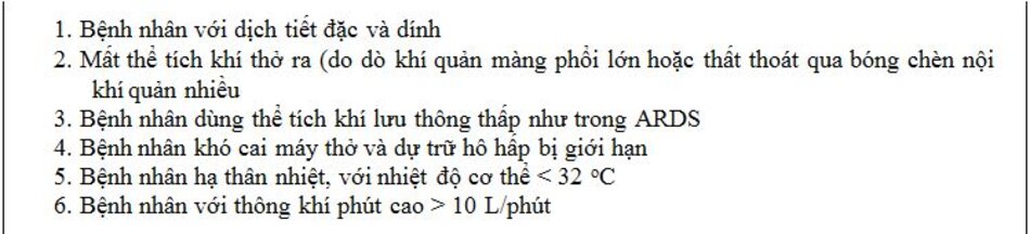 Bảng 2: Chống chỉ định đối với bộ trao đổi nhiệt và độ ẩm theo Hướng dẫn thực hành lâm sàng AARC 2012 [11].