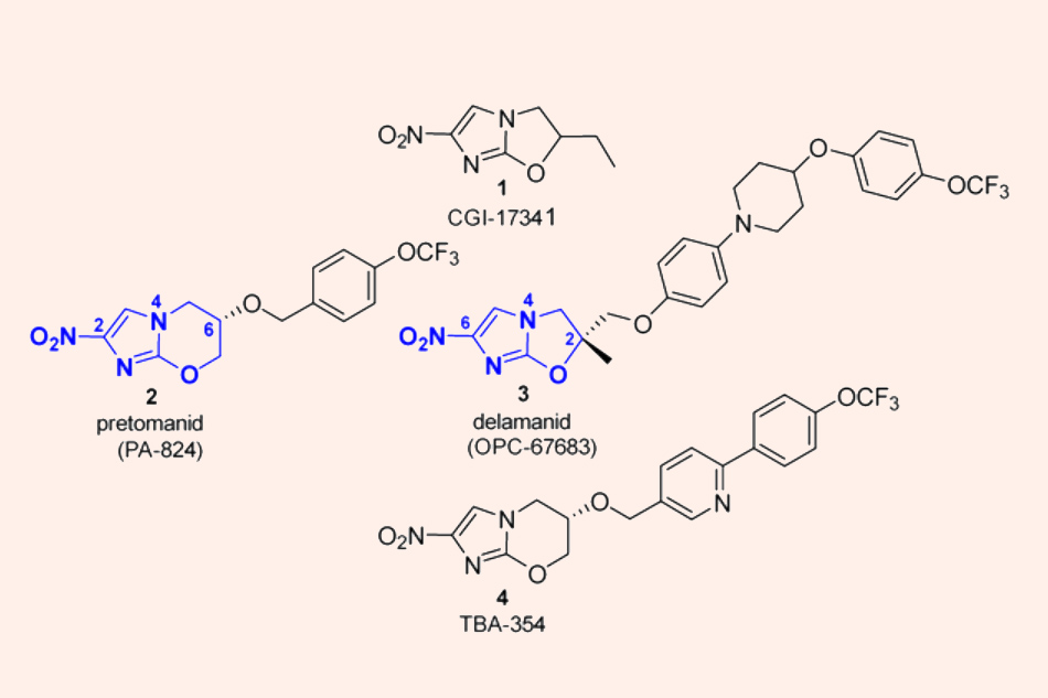 Cấu trúc hóa học của Delamanid, Pretomanid và TBA-354, các thuốc thuộc nhóm Nitroimidazole