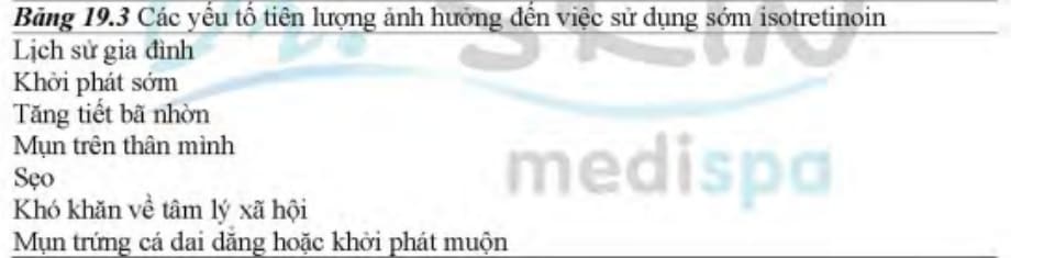 Bảng 19.3 Các yếu tố tiên lượng ánh hưởng đến việc sử dụng sớm isotretinoin Lịch sử gia đình