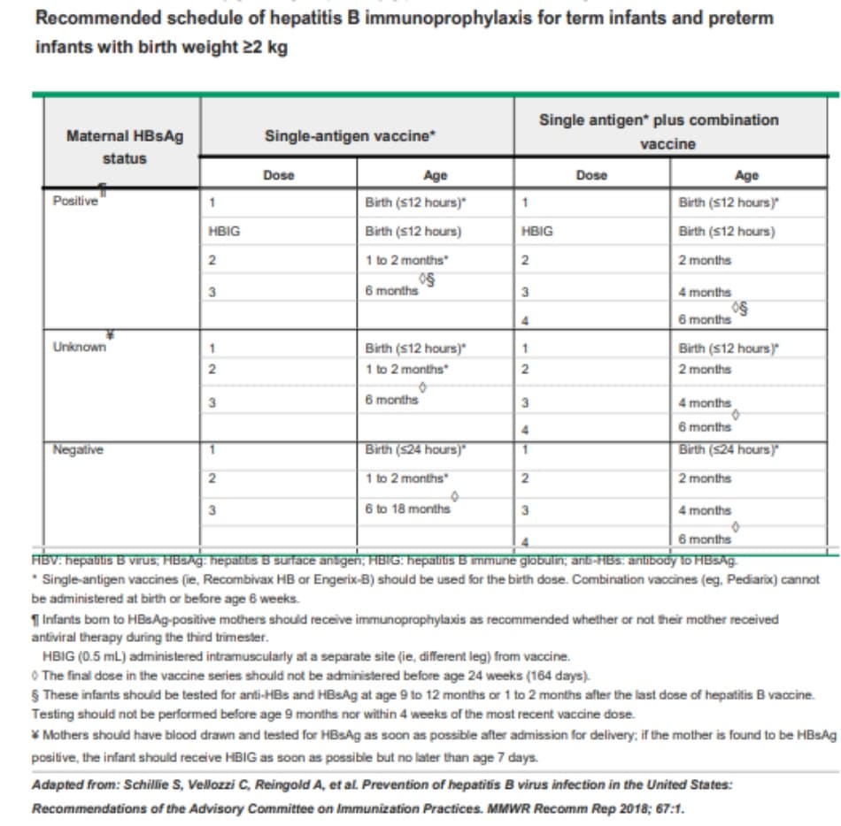 Recommended schedule of hepatitis B immunoprophylaxis for term infants and preterm infants with birth weight >2 kg