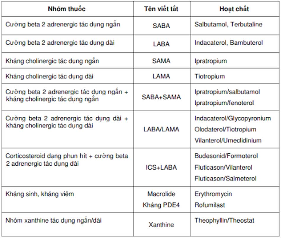 Bảng 5. Các nhóm thuốc chính được sử dụng cho điều trị COPD.