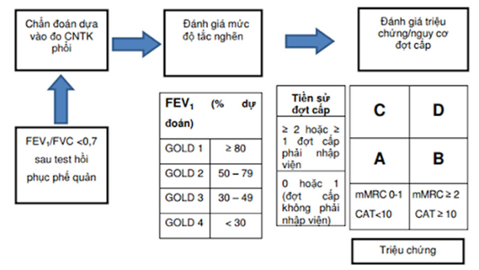 Ảnh. Đánh giá COPD theo hệ thống nhóm ABCD của GOLD (Global Initiative for Chronic Obstructive Lung Disease: Chiến lược toàn cầu về bệnh phổi tắc nghẽn mạn tính) 2018, đồng thời cũng được sử dụng trong Hướng dẫn chẩn đoán và điều trị bệnh phổi tắc nghẽn mạn tính của Bộ Y tế năm 2018. Giá trị FEV1 được sử dụng để đánh giá mức độ nặng của COPD. Bệnh nhân mắc COPD được chia thành 4 nhóm: Nhóm A: Nguy cơ thấp, ít triệu chứng; Nhóm B: Nguy cơ thấp, nhiều triệu chứng; Nhóm C: Nguy cơ cao, ít triệu chứng; Nhóm D: Nguy cơ cao, nhiều triệu chứng.