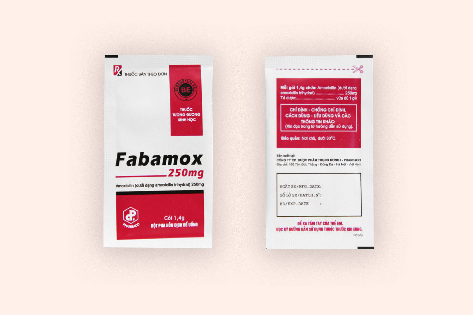 Hai mặt gói thuốc Fabamox 250mg
