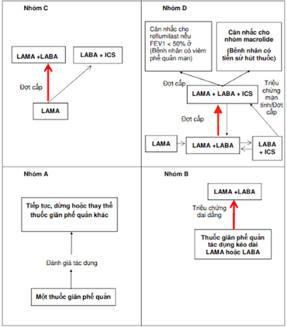 Ảnh. Sơ đồ hướng dẫn lựa chọn thuốc trong điều trị COPD giai đoạn ổn định phân loại theo mức độ nặng của GOLD 2018. Lựa chọn điều trị ưu tiên theo chữ và mũi tên được in đậm.