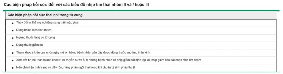 Các biện pháp này nhằm mục đích cải thiện lưu lượng máu tử cung-nhau thai, lưu lượng máu nhau thai-thai nhi. Điều quan trọng lã phải đánh giá (các) nguyên nhân nền của các dạng nhịp tim thai, vi cầm sinh thai khẩn cấp trong một số trường hợp cấp linh, như vỡ từ cung, sa dày rồn hoặc nhau bong non mức độ nặng. Đánh giã của bác sĩ đóng vai trò quan trọng trong việc đánh giá nguyên nhân có thể xảy ra, lựa chọn các biện pháp can thiệp thích hợp cho tình trạng bệnh nhãn cụ thể, đánh giá đáp ứng với các biện pháp can thiệp đỏ và thời điểm mổ lấy thai nếu biểu đồ nhịp tim thai này vẫn dai dẳng. Ví dụ, ngừng thuốc tăng co tử cung và dũng thuốc giảm co là đặc biệt quan trọng ở những bệnh nhân cỏ tình trạng cơn co tử cung mau. Nhiều biện pháp can thiệp thường được áp dụng đồng thời.