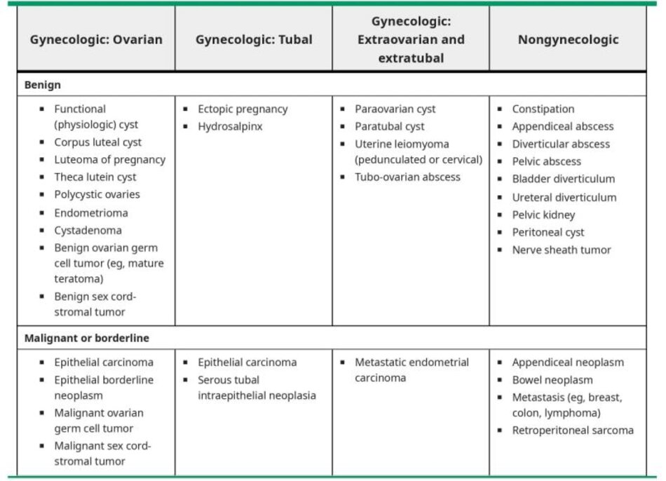 Differential diagnosis of an adnexal mass