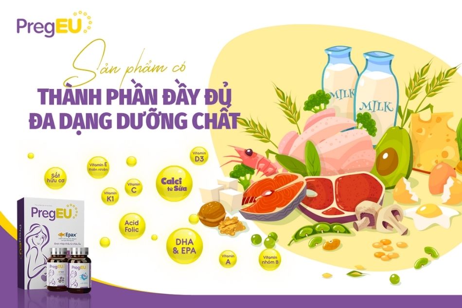 Bộ đôi viên uống PregEU có thành phần đa dạng, đầy đủ các vi chất cần thiết