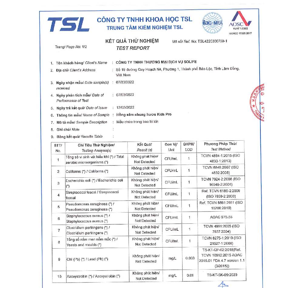 Kết quả kiểm nghiệm sản phẩm Hồng sâm Baby Solife