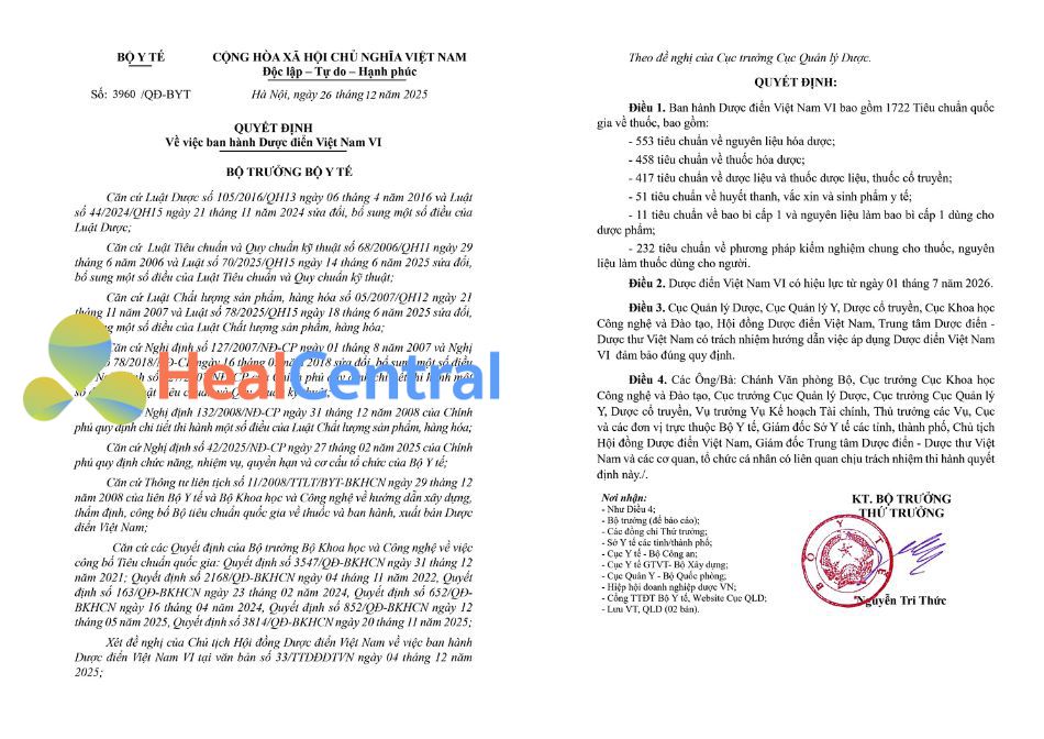 Quyết định của Bộ Y Tế về việc ban hành Dược điển Việt Nam VI